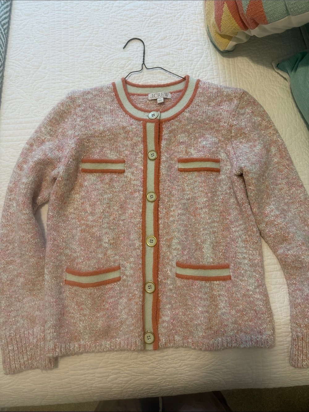 J. Crew peach Tweed Cardigan with Coral & Cream Trim